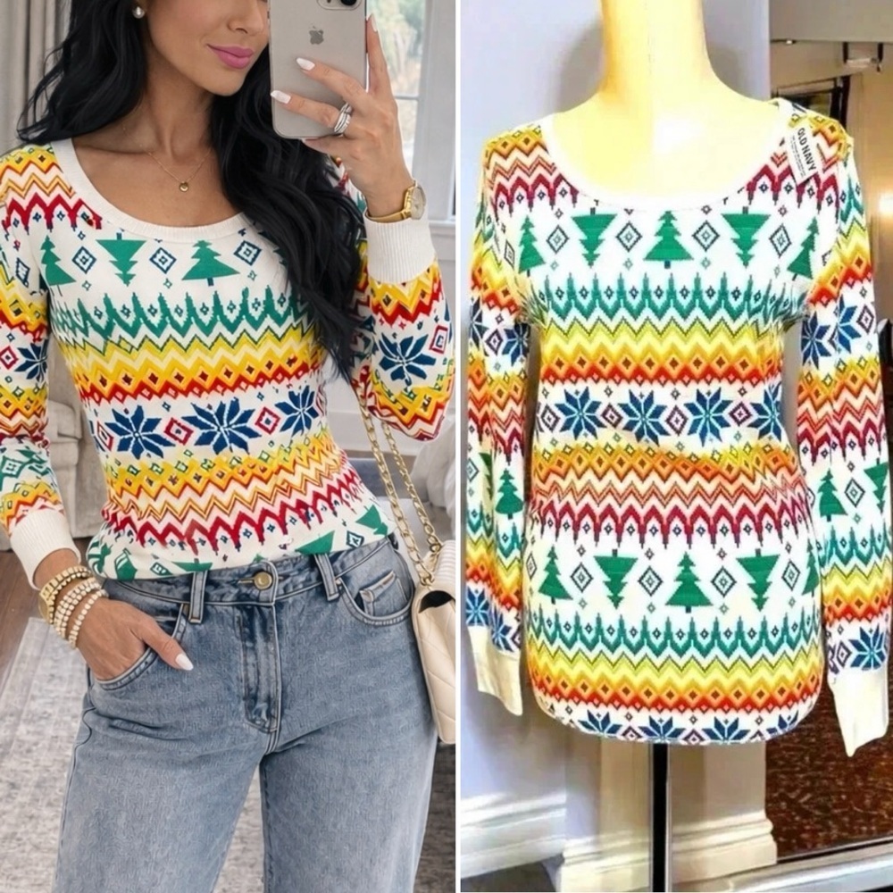 010 Old Navy |NWT Fair Isle Christmas Tree Waffle Scoop Neck Long Sleeve Top (S)